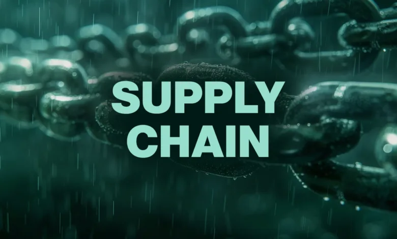 Close-up of a rain-soaked chain with the words 'SUPPLY CHAIN' overlaid, suggesting vulnerability or resilience.