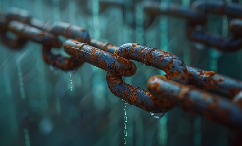 Close-up of a rusty chain with water droplets, set against a blurred teal background with binary code.