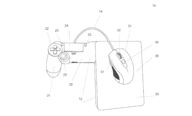 Line drawing of a patent design showing a PlayStation controller and computer mouse resting on a flat surface, connected by a cord.