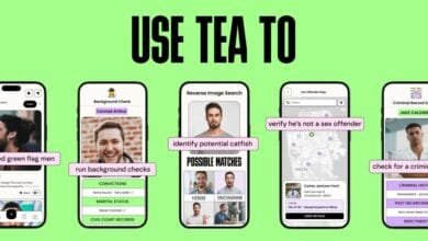 Screenshots of the Tea dating app demonstrating safety features like background checks and sex offender mapping.