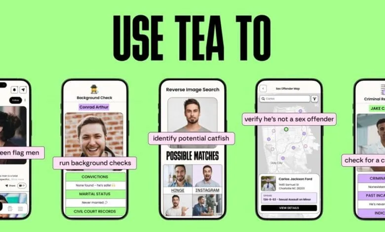 Screenshots of the Tea dating app demonstrating safety features like background checks and sex offender mapping.