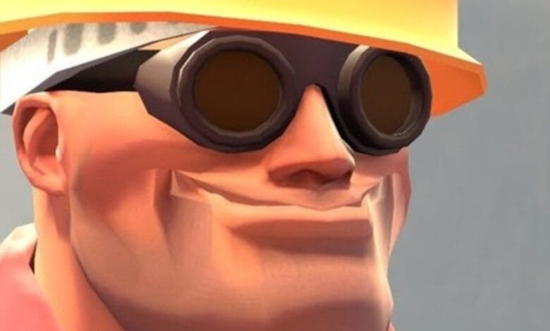 Close-up of the Engineer from Team Fortress 2, wearing a hard hat and goggles, with a sly smile.