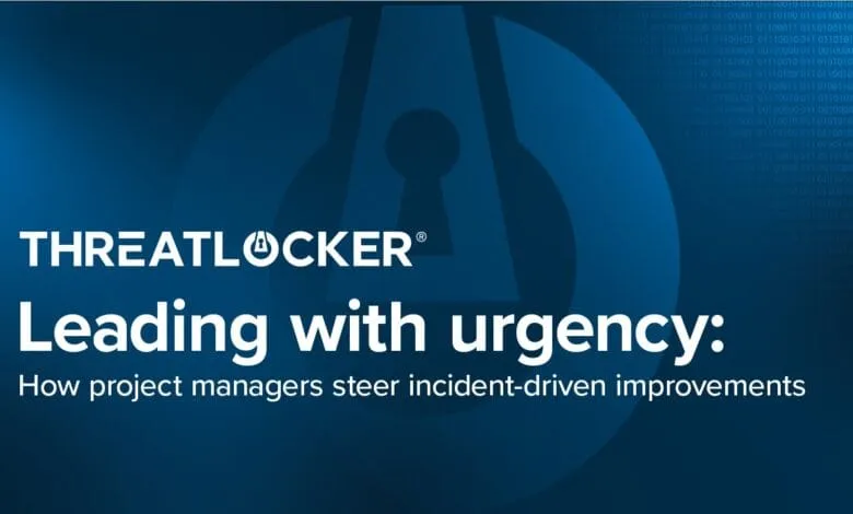 ThreatLocker graphic: dark blue background with white text, 'Leading with urgency,' and a keyhole logo. Binary code subtly in background.