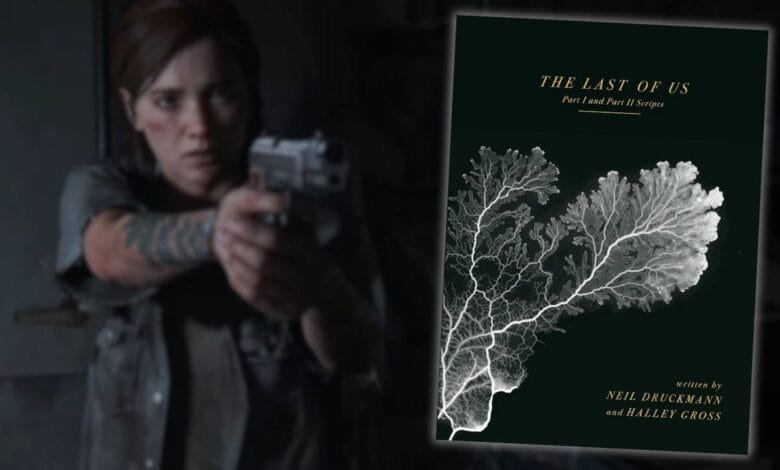 Ellie from The Last of Us aims a gun, with the game's script book cover overlaid. Dark, intense mood.