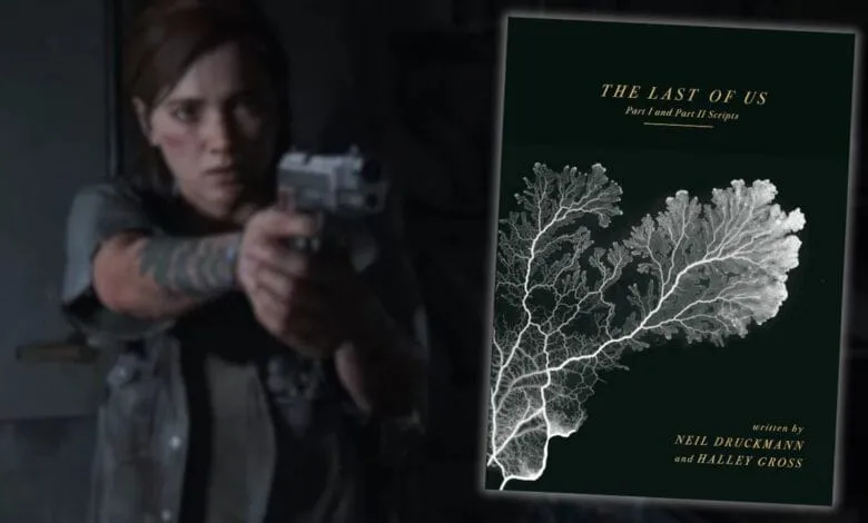 Ellie from The Last of Us aims a gun, with the game's script book cover overlaid. Dark, intense mood.