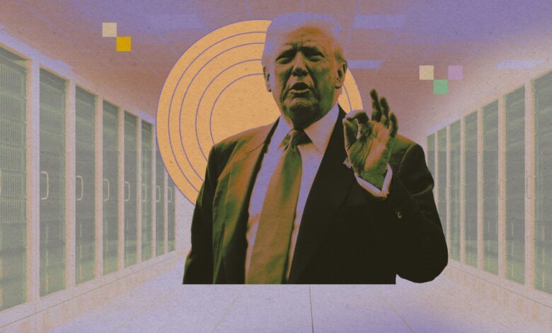 A stylized image of Donald Trump, former US President, standing in a server room, suggesting AI or technology.