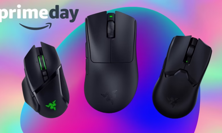 Three black Razer gaming mice displayed against a colorful background, promoting an Amazon Prime Day sale.