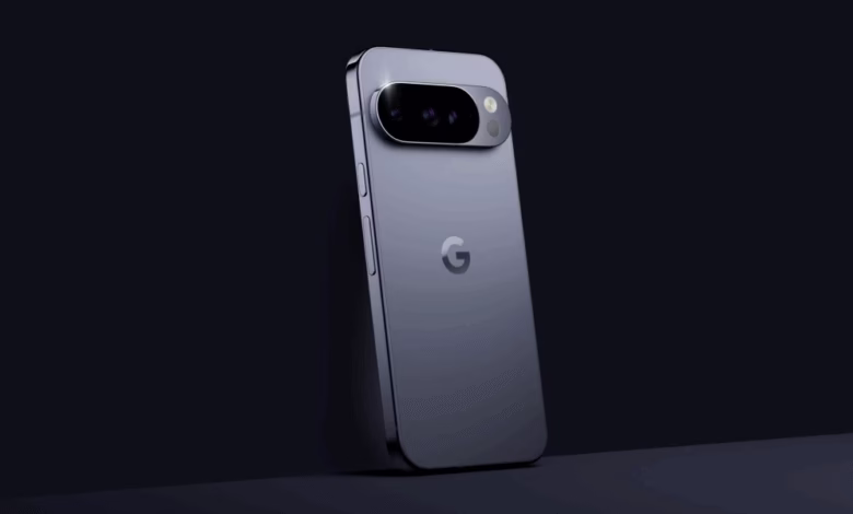 Rear view of a sleek, dark gray Google Pixel phone with a prominent camera bar.