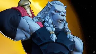 Powerful, lion-like character from a video game, wielding a large weapon against a cosmic backdrop.