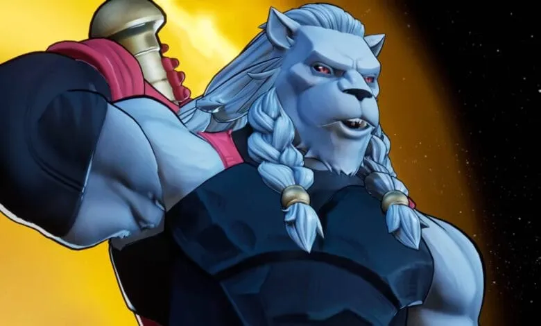 Powerful, lion-like character from a video game, wielding a large weapon against a cosmic backdrop.