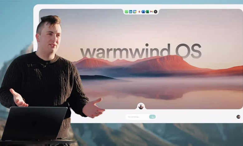 Person presents Warmwind OS, a new operating system, on a laptop with a scenic background. Social media icons are visible.