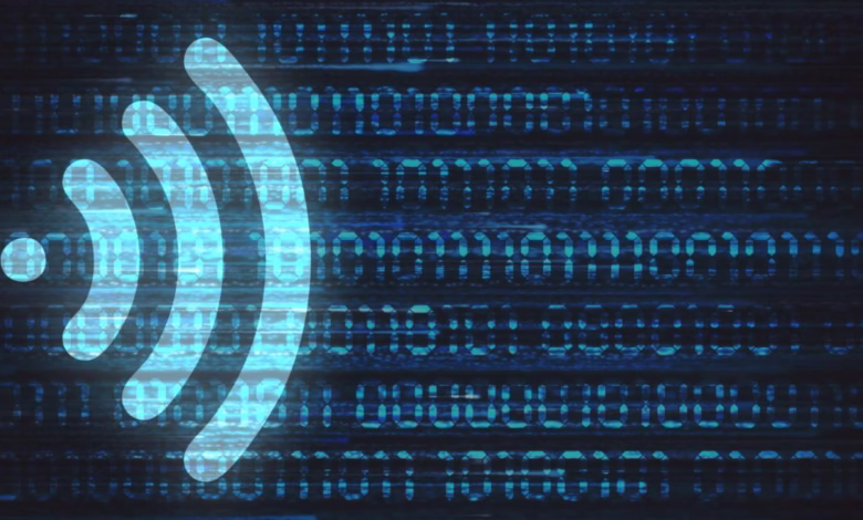 A glowing Wi-Fi symbol superimposed on a background of scrolling binary code, suggesting digital connectivity.