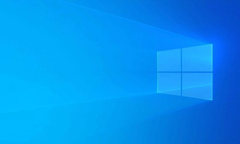 Windows 10 logo: a translucent blue window icon on a bright blue background.