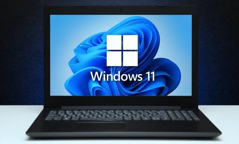 A black laptop displays the Windows 11 logo on a blue abstract background.