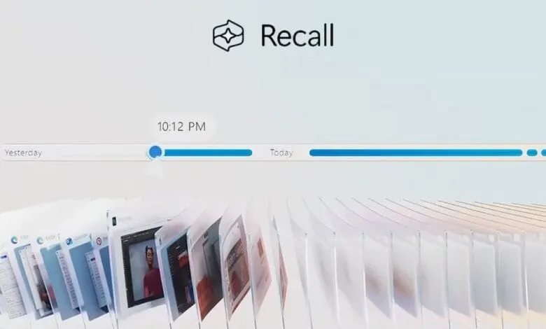 Recall app interface showing a timeline and a fan of digital documents, suggesting a time-based organization system.