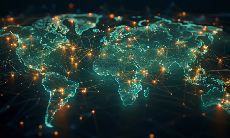 Global network map with glowing nodes and connecting lines, representing worldwide connectivity.
