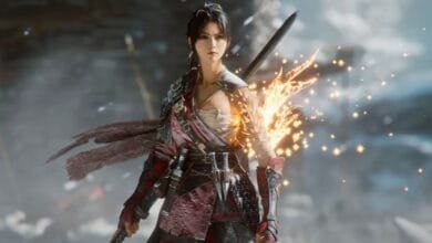 A female warrior, clad in crimson and gold armor, stands amidst a battlefield, sparks of energy emanating from her arm.