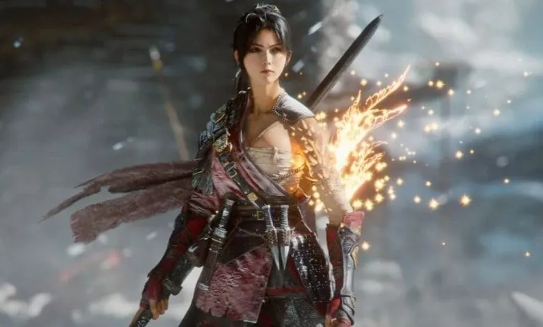 A female warrior, clad in crimson and gold armor, stands amidst a battlefield, sparks of energy emanating from her arm.