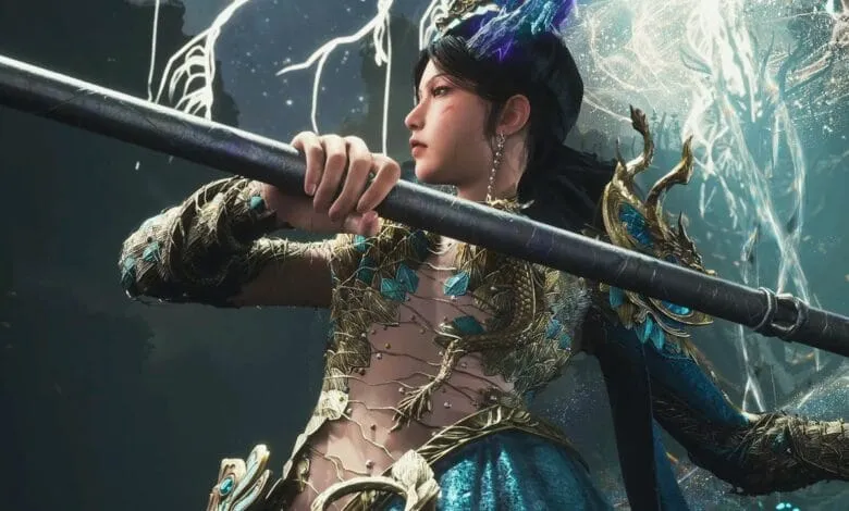 A female warrior, adorned in ornate gold and teal armor, grips a long staff. Magical energy swirls around her.