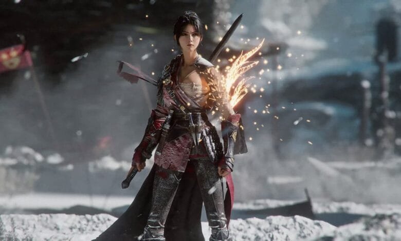 A female warrior, clad in red and black armor, stands amidst a snowy battlefield, sparks flying from her sword.