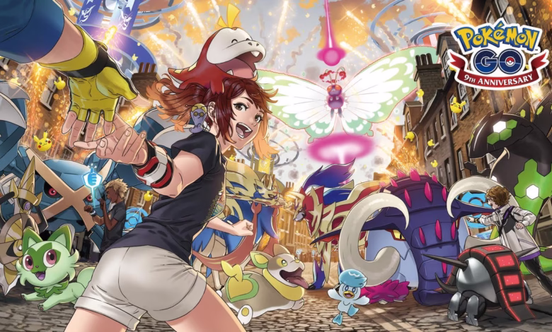 Pokémon GO 9th Anniversary artwork featuring trainers and various Pokémon in a celebratory scene.