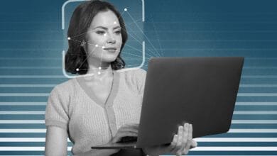 A woman uses a laptop, her face overlaid with a facial recognition scan graphic. The background is teal with horizontal stripes.