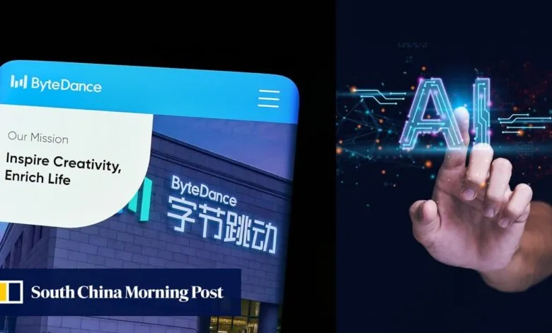 ByteDance logo and mission statement on a phone screen next to a hand touching an AI graphic.