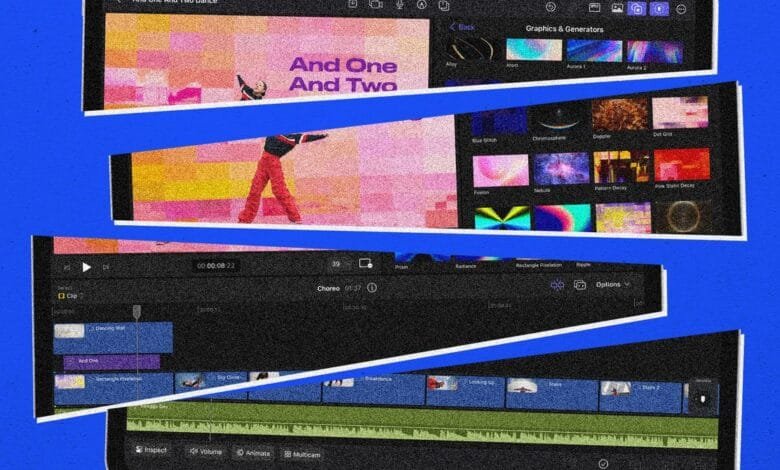Dynamic video editing interface with colorful clips and graphics; suggests easy, visually appealing video creation.