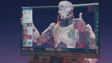 A robotic figure interacts with a computer screen displaying a social media feed, thumbs up gesture.