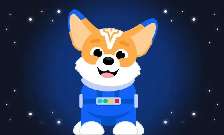 Cute cartoon corgi astronaut in a blue spacesuit against a dark blue starry background.