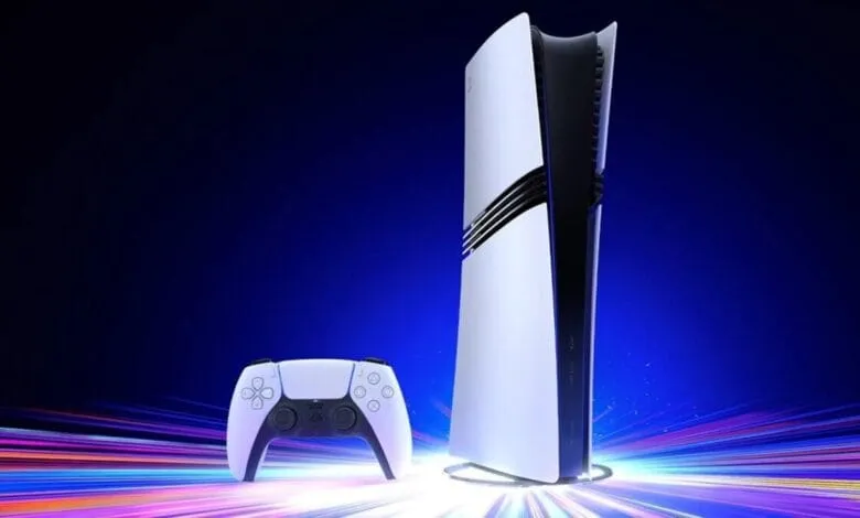 White PlayStation 5 console and matching controller against a vibrant blue and purple background.