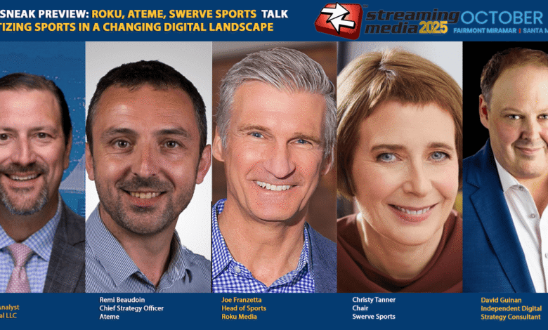 Headshots of Brian Ring, Remi Beaudoin, Joe Franzetta, Christy Tanner, and David Guinan at Streaming Media 2025.