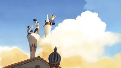 Filmmakers atop whimsical towers in a dreamy sky, capturing the scene.