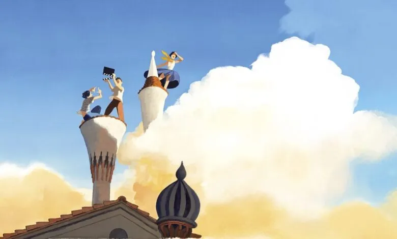 Filmmakers atop whimsical towers in a dreamy sky, capturing the scene.