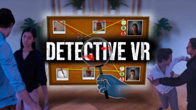 Virtual corkboard with crime scene photos, evidence, and connecting lines, with characters in foreground and background.