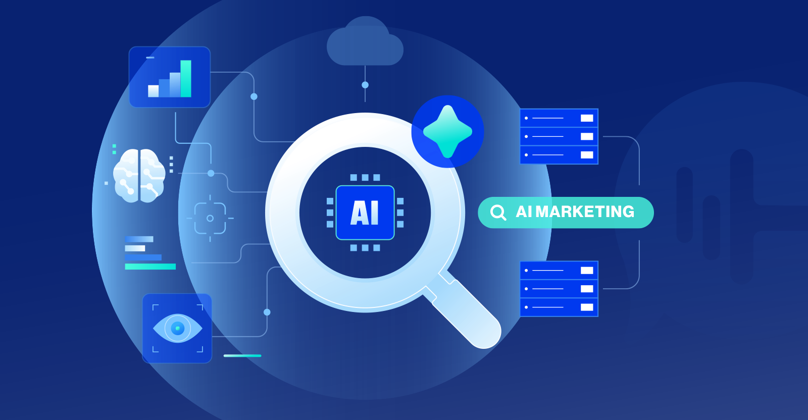 AI magnifying glass over microchip linked to data servers, brain, and analytics charts, illustrating AI's role in marketing.