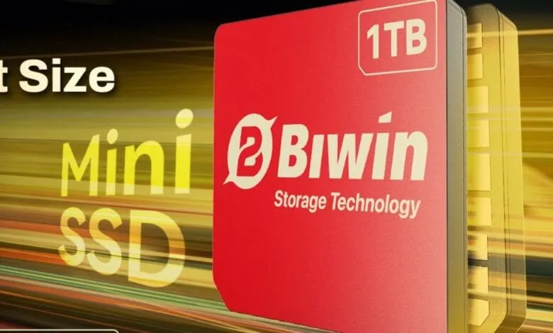 Biwin's 1TB Mini SSD, a compact red and gold storage device, shown with speed lines suggesting high performance.
