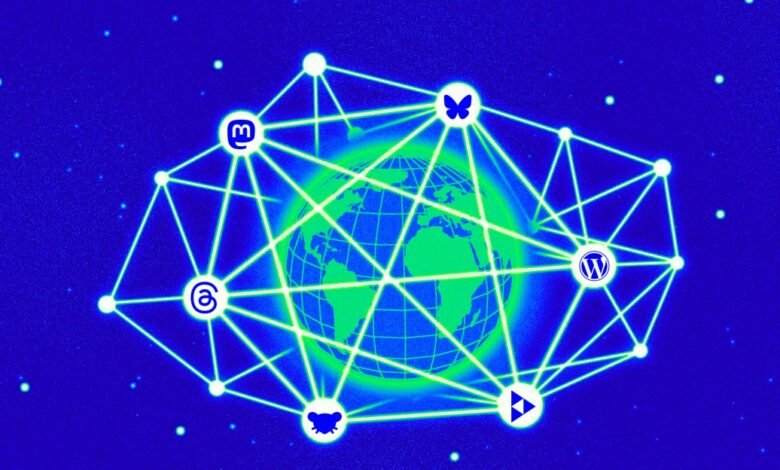 Global network graphic showing interconnectedness of various social media platforms, symbolized by logos on a glowing earth.