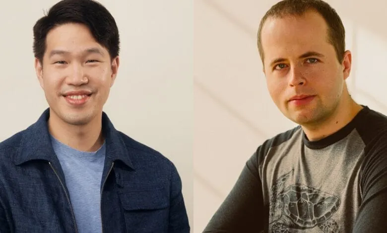 Headshots of two men, one in a dark blue jacket and the other in a grey raglan shirt with a turtle graphic.