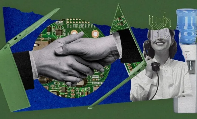 Collage showing a handshake over a circuit board, a retro woman on a phone, and modern tech, symbolizing business and tech evolution.