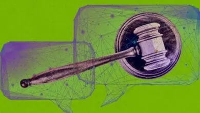 A gavel inside a digital speech bubble, suggesting AI's role in law.