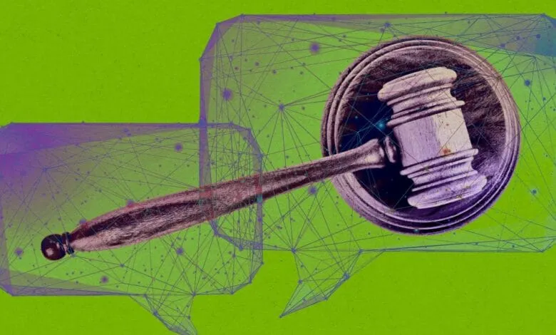A gavel inside a digital speech bubble, symbolizing AI and the law.