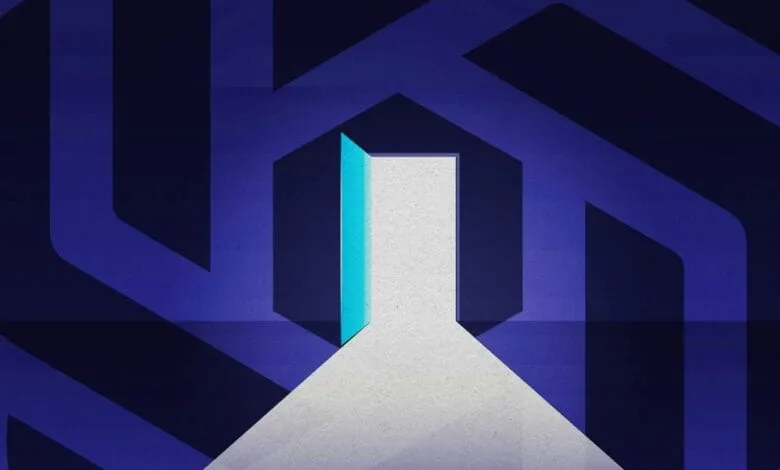 Abstract illustration of an open door, glowing teal, in a dark purple maze-like hallway.