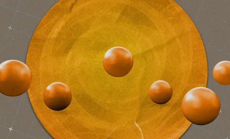 Abstract artwork featuring orange spheres orbiting a large, textured gold circle against a muted gray background.