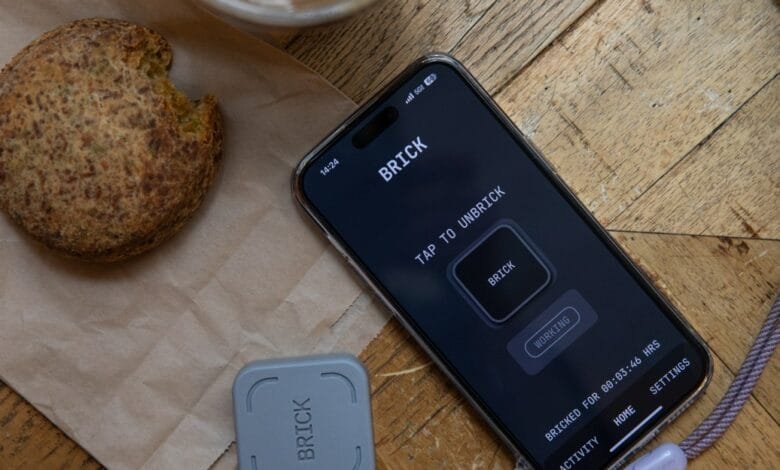 Smartphone shows BRICK app interface displaying 'WORKING' status. A gray BRICK device and pastry are nearby on a wooden table.