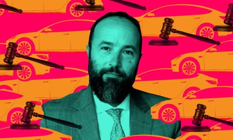 A lawyer's portrait, superimposed on a repeating pattern of orange Tesla cars and judge's gavels on a pink background.