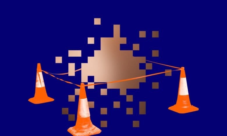 Abstract digital art: Orange traffic cones & caution tape surround a pixelated tan area on a dark blue background.