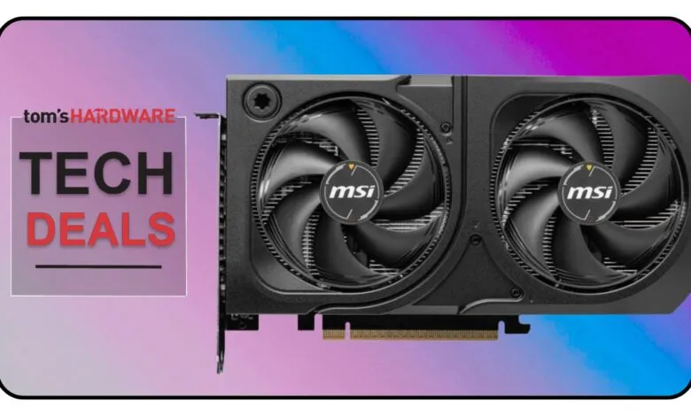 MSI graphics card with dual fans, featured in a Tom's Hardware tech deals promotion.