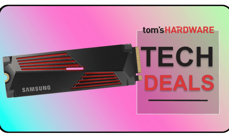 Samsung SSD featured in Tom's Hardware Tech Deals; black and red drive against a pink and blue gradient.