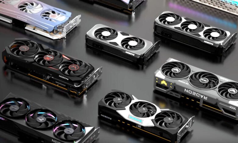 Assortment of AMD Radeon graphics cards in various designs and colors.